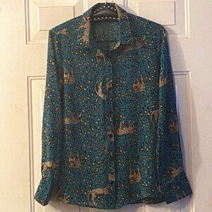 NEW Lulus Sz S Blouse Button Up Shirt Long Emerald Green/Beige  Leopard Print